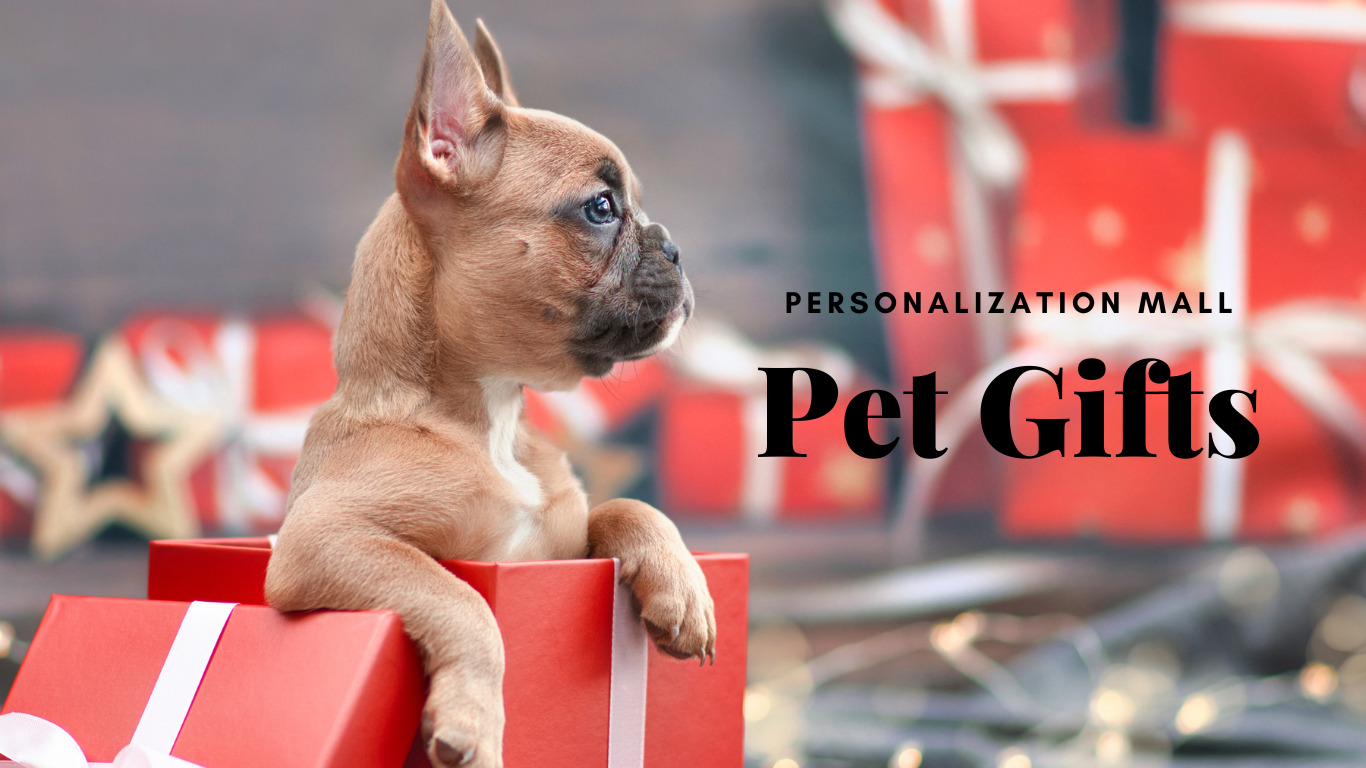 An image featuring a variety of personalized pet gifts, such as custom pet portraits, engraved collars, and embroidered blankets, with the title 'Personalized Pet Gifts from Personalization Mall!', showcasing unique and thoughtful presents for beloved furry friends.