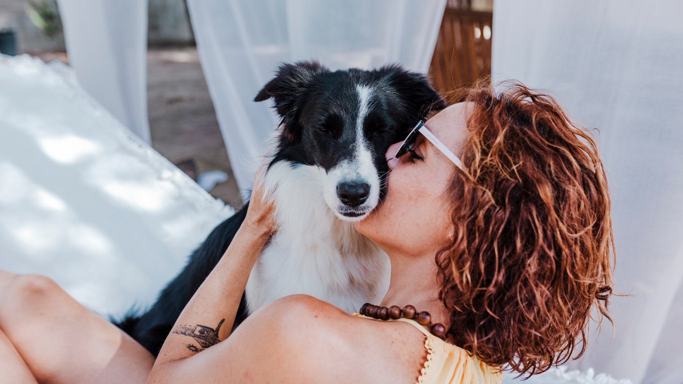 A joyful rescue dog with a wagging tail and bright eyes, happily sitting beside their new owner, showcasing the strong bond and companionship formed through adoption.